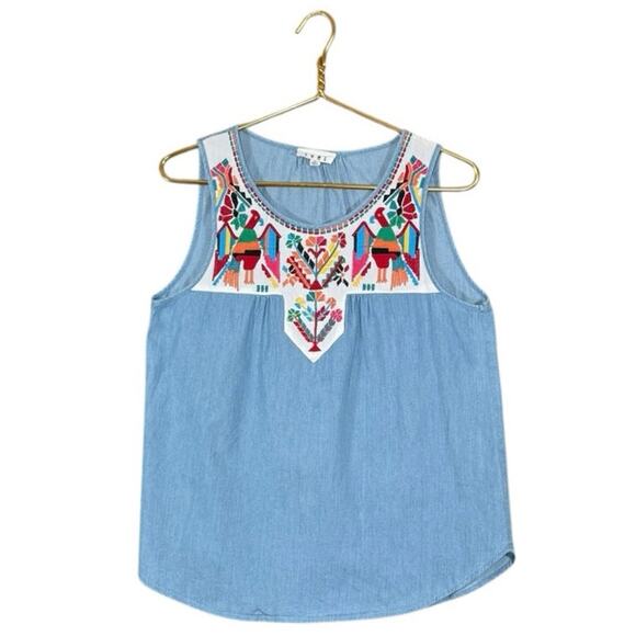 THML Embroidered Boho Denim Tank Top | Multicolor Stitch Detail | Size M - Picture 5 of 8